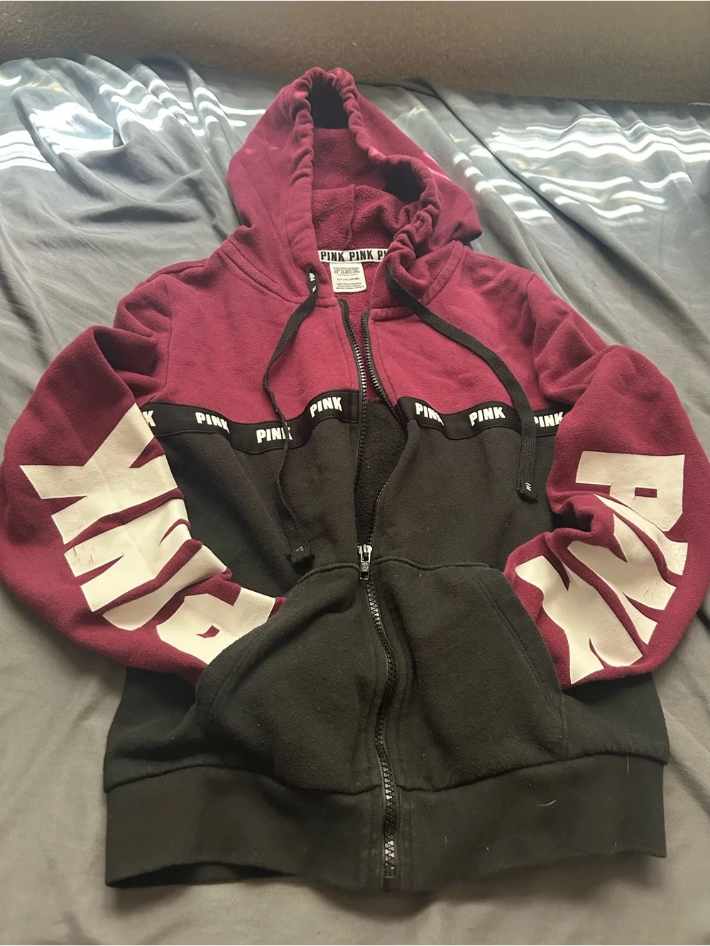 PINK Victoria's Secret Maroon Zip Hoodie with Black Trim - Picture 3 of 6